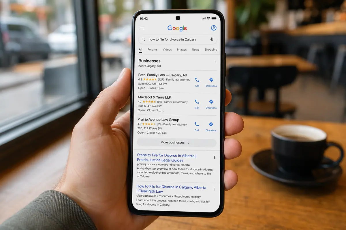 Hand holding a smartphone in a coffee shop, showing Google search results for "how to file for divorce in Calgary," with a local pack listing fictional Calgary family law firms and two organic results below.