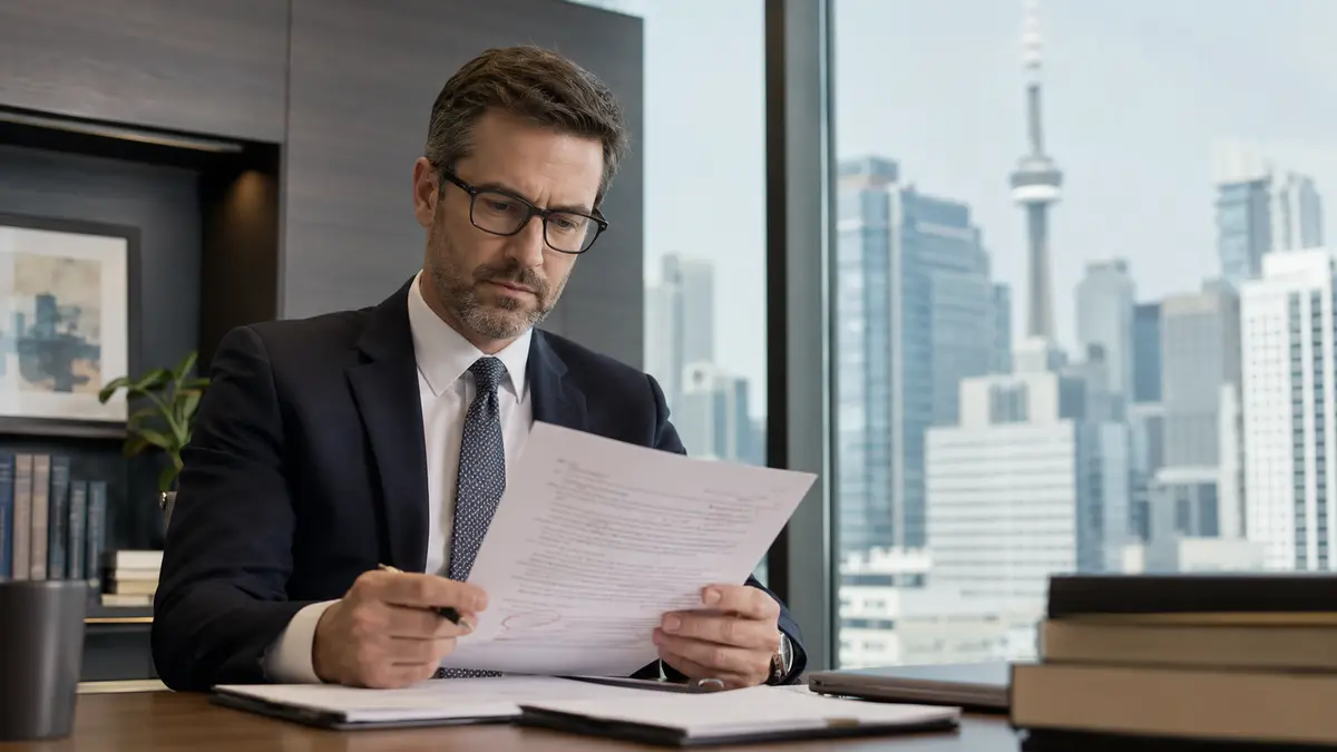 Canadian lawyer reviewing a marked-up printed article draft at a desk in a modern Toronto law office.