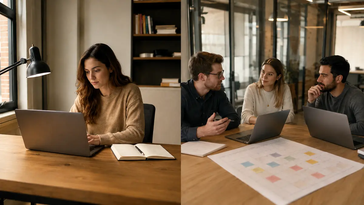 Split image showing a freelance writer working alone at a laptop on one side and a three person agency team collaborating around laptops and an editorial calendar on the other.