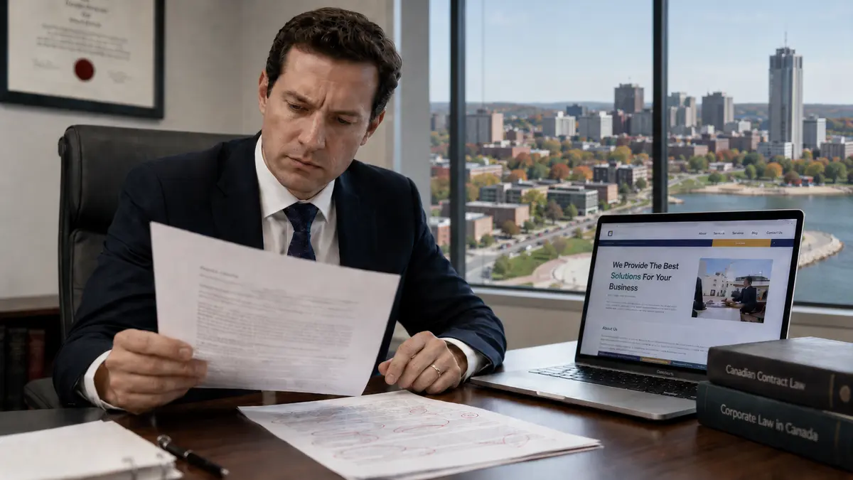 Canadian lawyer at a desk reviewing a printed writing sample with red pen annotations, with a generic content website open on a laptop and the Hamilton, Ontario skyline visible through the window.