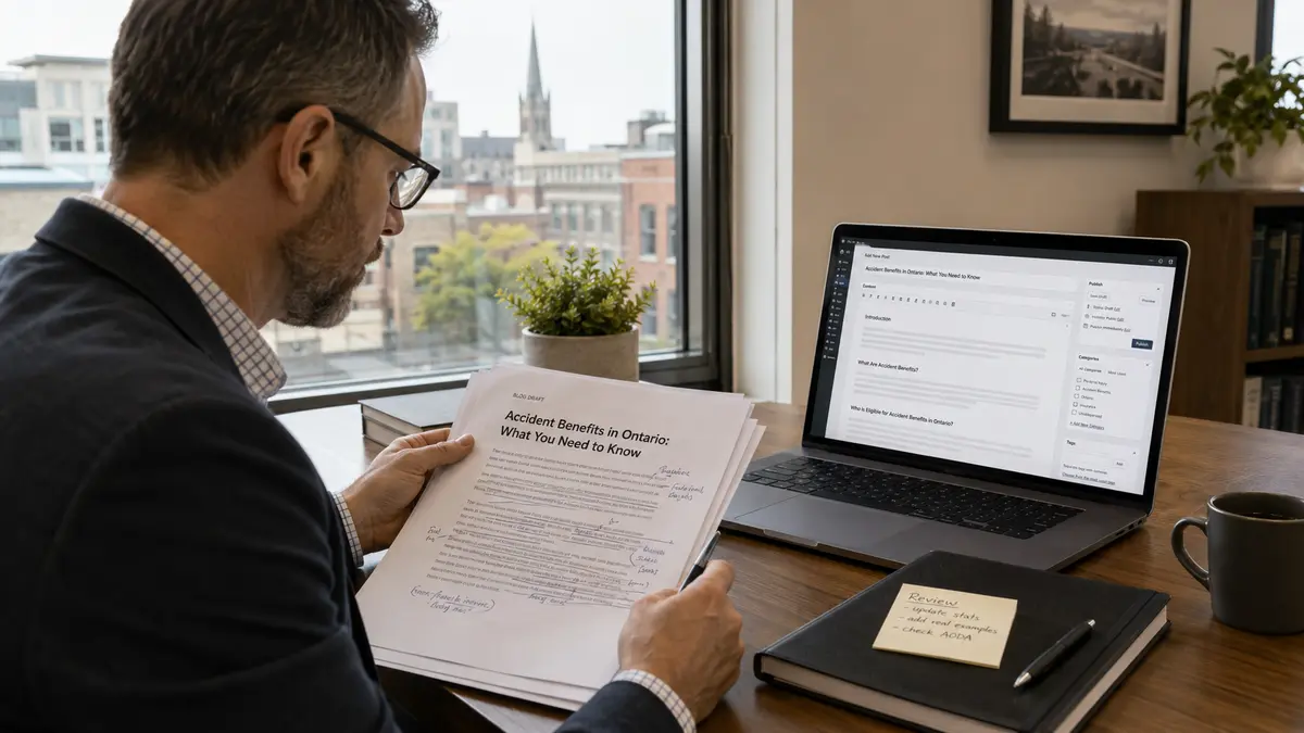 Canadian lawyer seated at a desk in a modern downtown Guelph office, reviewing a printed blog draft titled "Accident Benefits in Ontario: What You Need to Know," with handwritten edits visible and a laptop beside them showing the article in a WordPress editor. Guelph's Church of Our Lady is visible out the window.