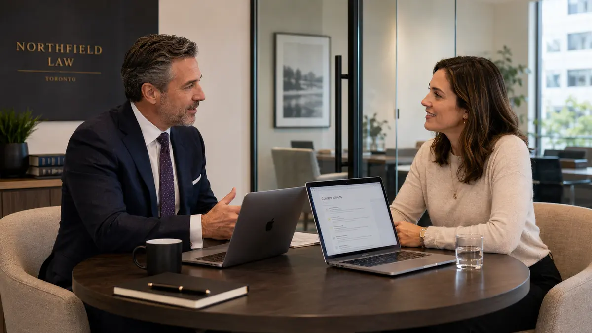 Two Toronto attorneys sit across a round table in a modern law office, speaking with relaxed, engaged expressions as open laptops and a document screen labeled 'Content options' sit between them.