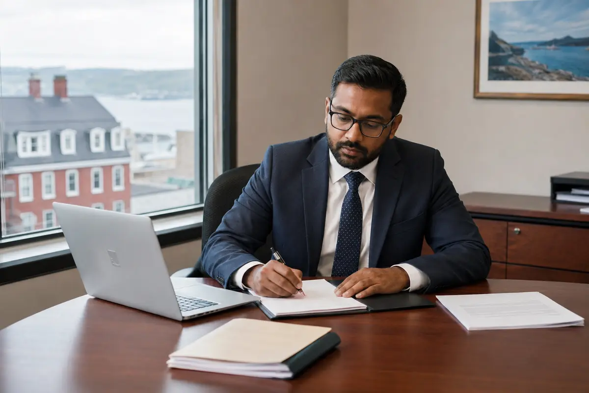 Lawyer working at a desk in a professional Atlantic Canada office, with coastal buildings and water visible through the window.