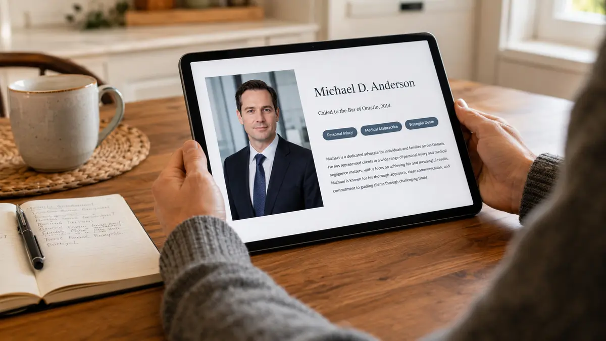 Prospective client in a grey sweater holds a tablet at a kitchen table and reads a Canadian lawyer bio page showing a headshot, Ontario bar admission year, practice areas, and a short biography, with an open notebook beside them.