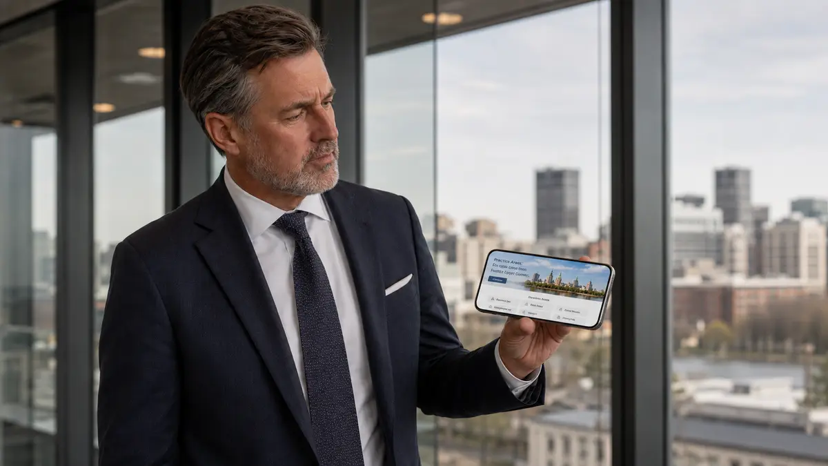 A middle aged Canadian managing partner in a dark suit stands in a modern downtown law office, holding a smartphone in landscape orientation and critically reviewing a law firm homepage on the screen, with a softly blurred city skyline visible through large glass windows behind him.