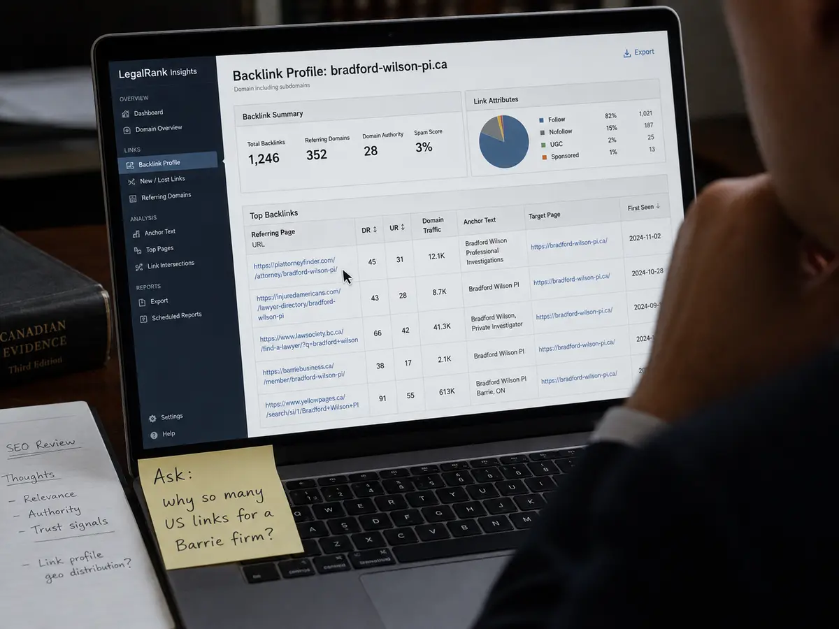 Lawyer reviewing a backlink profile dashboard for a fictional Barrie personal injury firm, with several U.S. directory links visible alongside a Canadian legal source and a note questioning the geographic relevance of the links.