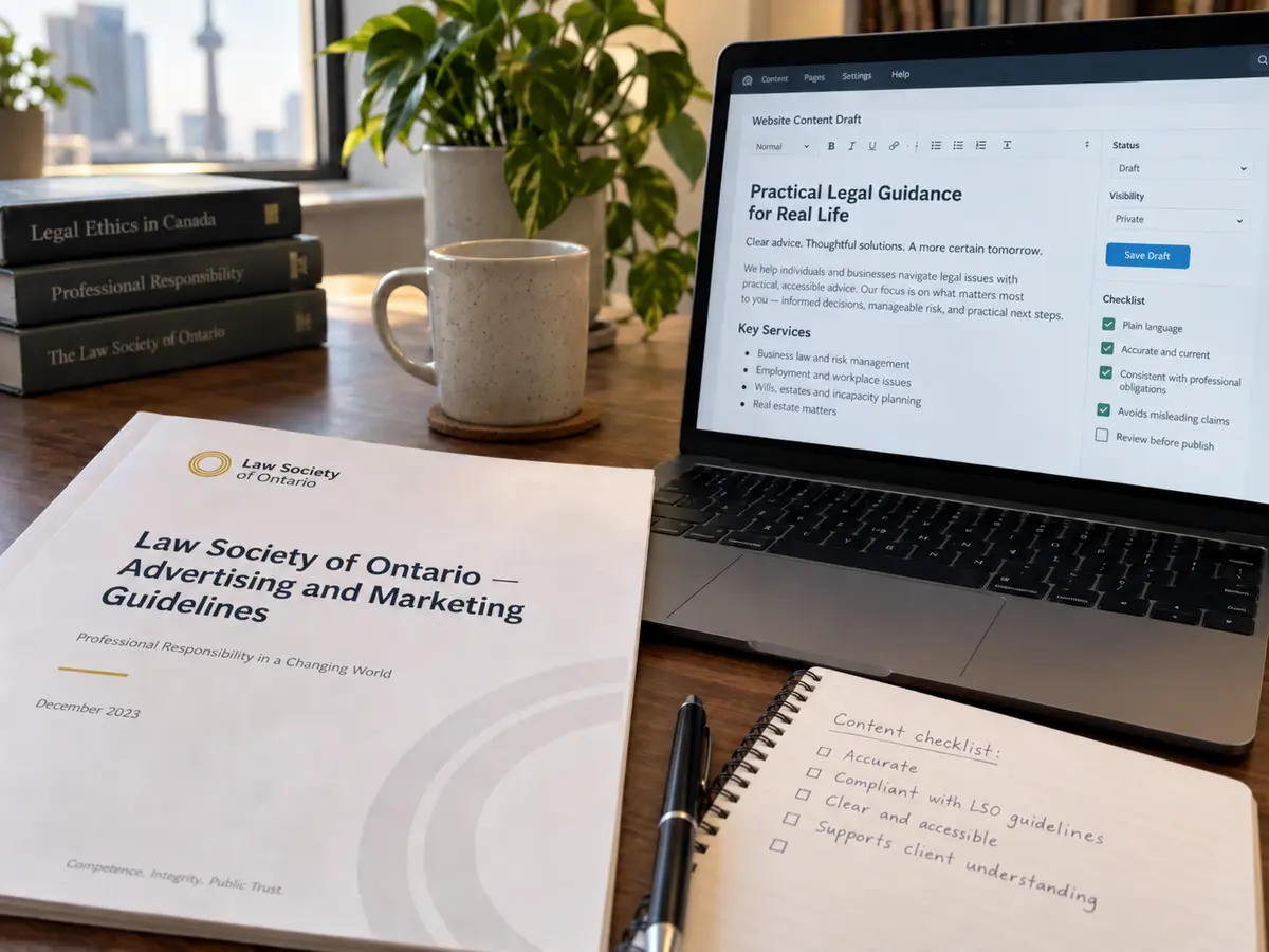 Warm editorial photo of a desk with a printed Law Society of Ontario advertising and marketing guidelines document beside an open laptop showing a legal content draft, with a notebook, pen, books, plant, and plain mug in a softly lit office.