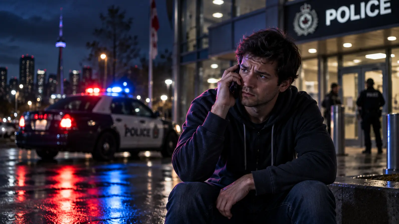 A worried young man sits outside a Canadian police station at night, speaking on his phone beside a police cruiser with flashing lights.