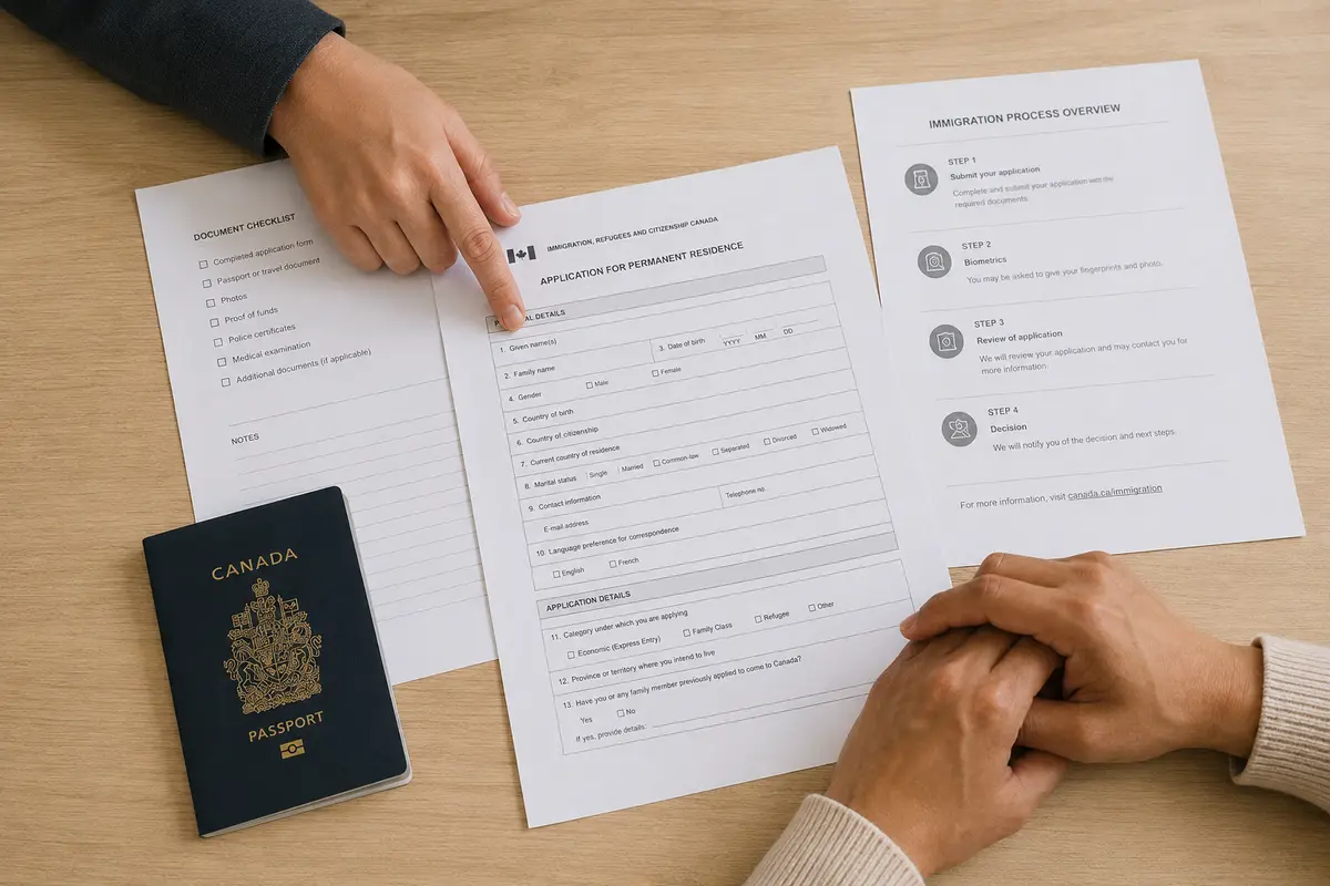 Overhead view of a Canadian passport, immigration application forms, and two people reviewing documents at a desk, with one hand pointing to a form.