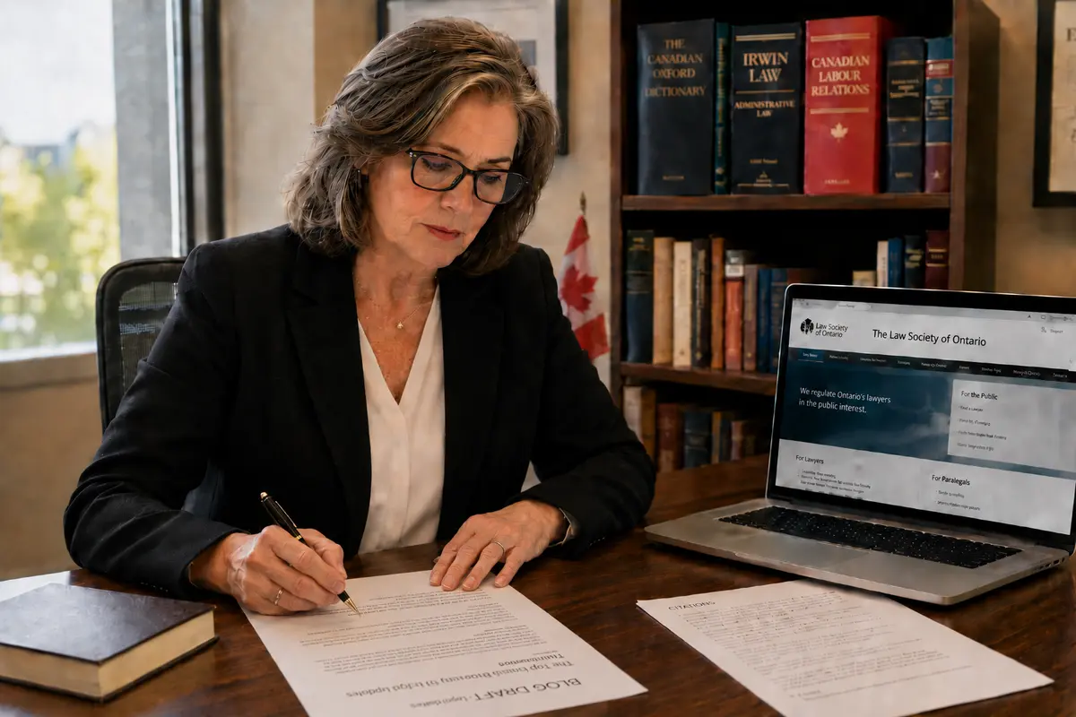 A Canadian female lawyer in her 50s sits at a desk in a modern office, marking up a printed legal blog draft that lies flat in front of her. A laptop beside her is open to the Law Society of Ontario website, and a separate page of citations rests on the desk. Warm natural light and Canadian legal reference books in the background give the scene a professional editorial feel.