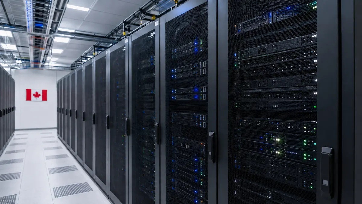 Modern Canadian data centre interior with long rows of black server racks, blue indicator lights, overhead cabling, and a Canadian flag mounted on the wall at the end of the aisle.