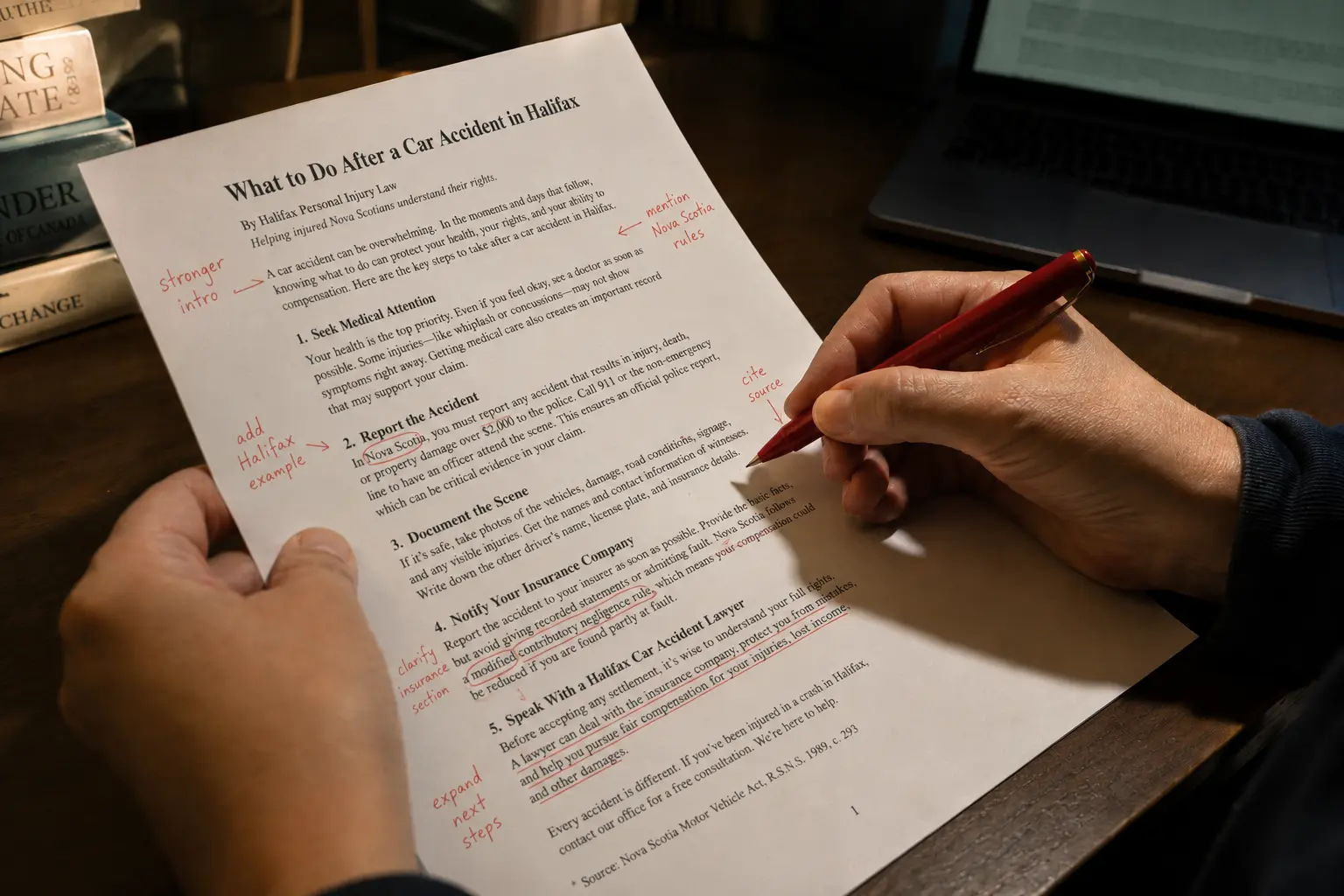 Close up of a person's hands editing a printed legal blog post titled "What to Do After a Car Accident in Halifax" with a red pen, with handwritten margin notes visible and a laptop blurred in the background under warm desk light.