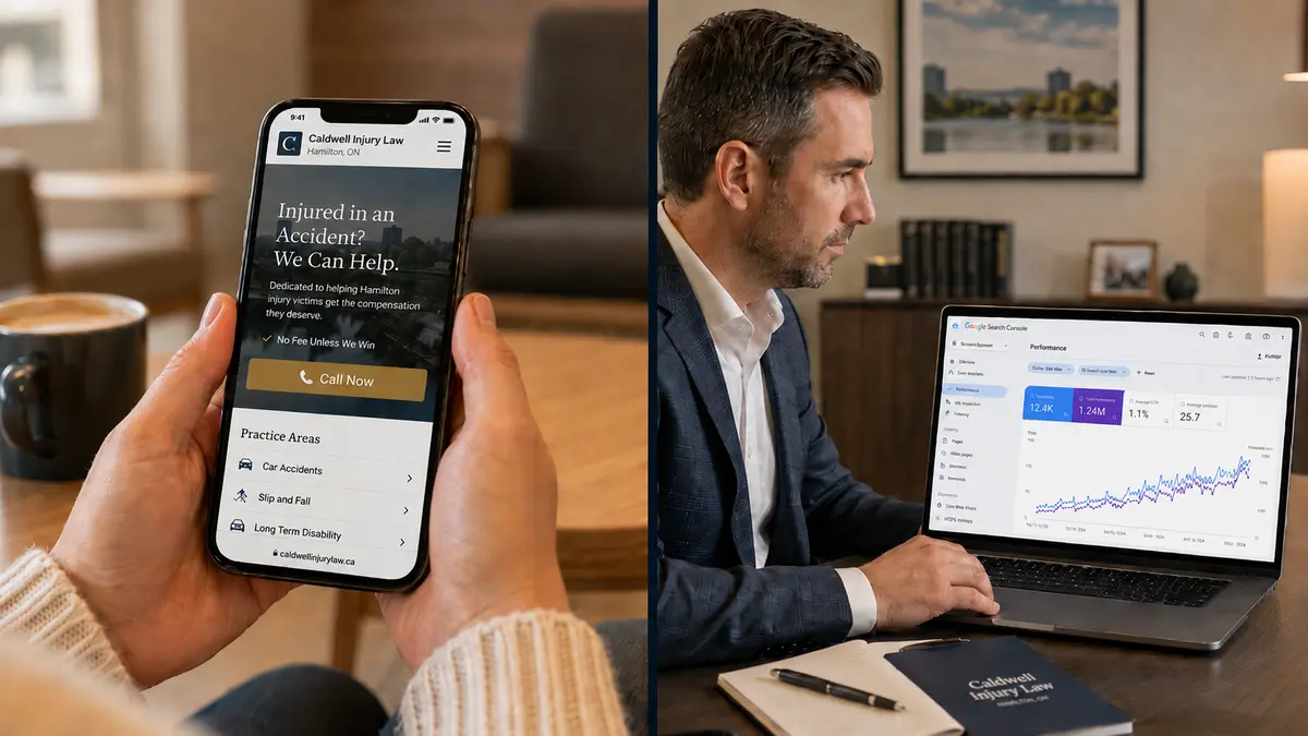 Split image showing a client viewing a Hamilton personal injury law firm website on a smartphone while a lawyer reviews an upward trending Google Search Console performance report on a laptop.