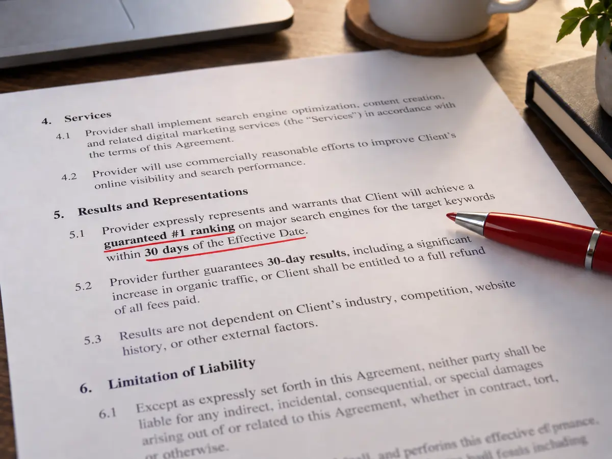 Close-up of a contract page on a desk with a red pen underlining risky promises, including "guaranteed #1 ranking" and "30 days of the Effective Date."
