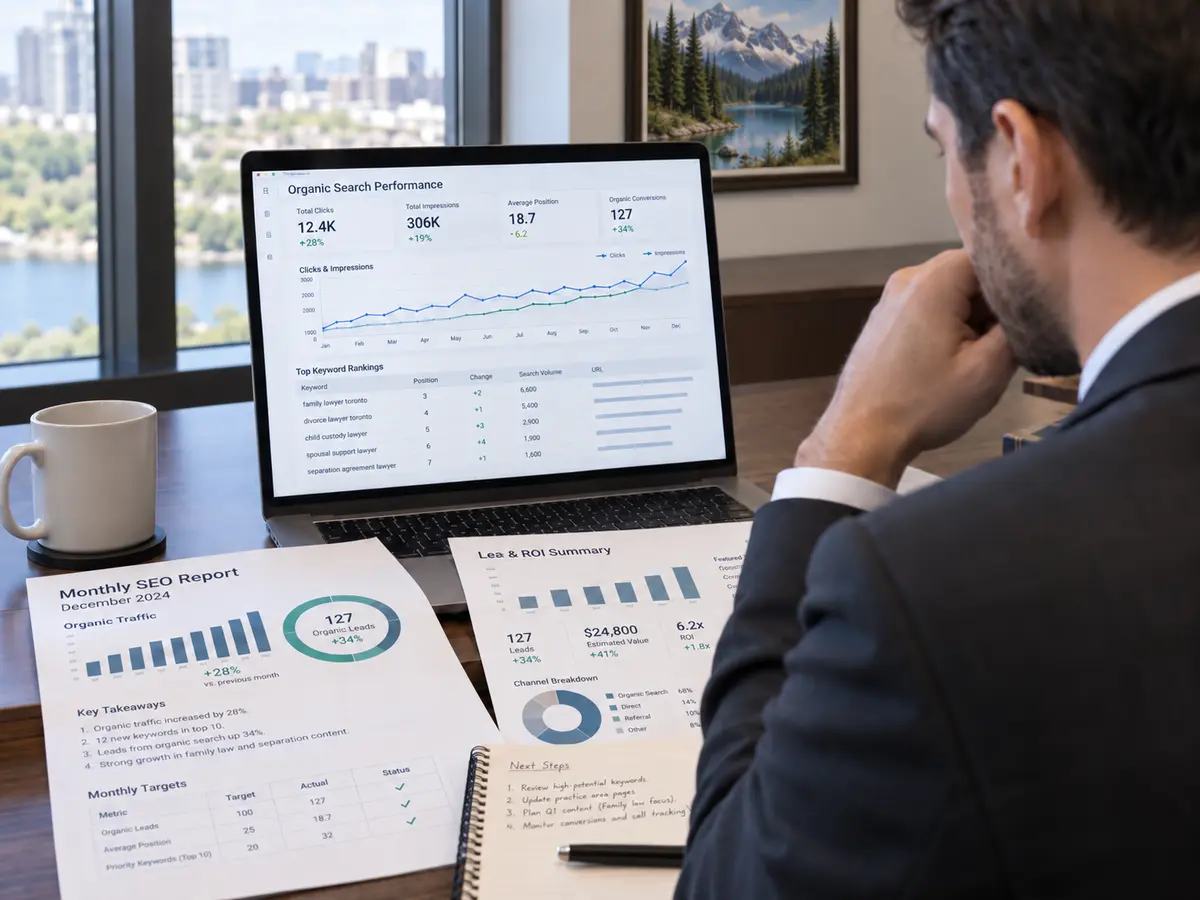 Over-the-shoulder view of a professional reviewing SEO and keyword ranking reports on a laptop and printed monthly reports in a bright office, with a Canadian landscape painting on the wall.