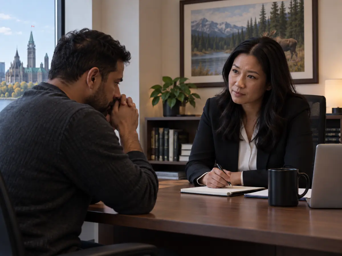 Criminal defence lawyer listening attentively to a tense client during a private office consultation, with an Ottawa skyline view and a framed wildlife painting in the background.