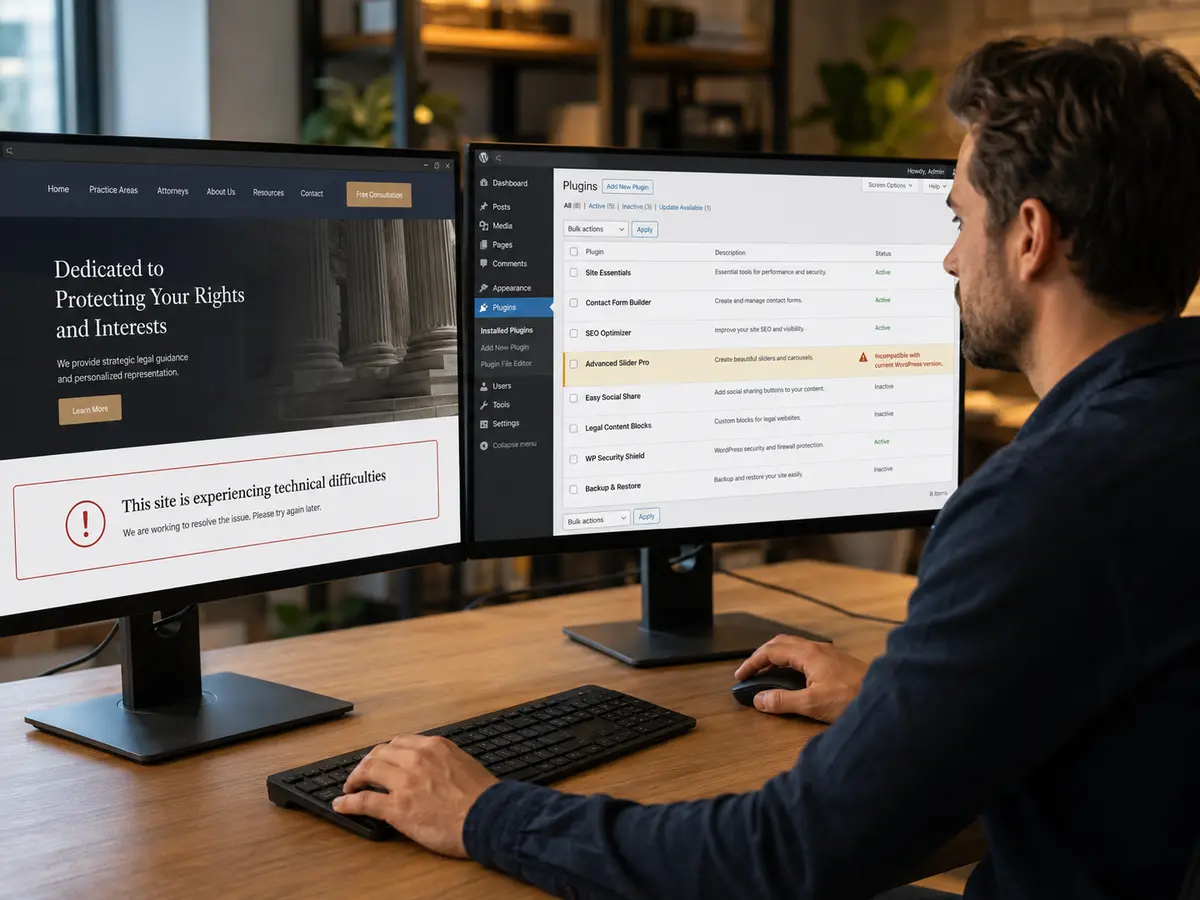 Developer troubleshooting a broken WordPress site at a desk with two monitors, one showing a law firm website error message and the other showing the WordPress Plugins page with a plugin marked incompatible with the current WordPress version.