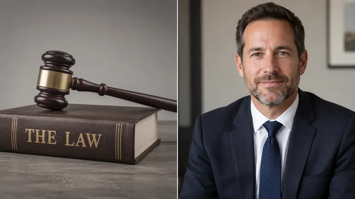 Split frame editorial image contrasting a cliché legal stock photo and a real professional portrait. On the left, a wooden gavel rests on a law book in a flat grey toned setup. On the right, a Canadian lawyer in business attire looks at the camera against a softly blurred office background with warm natural light. A thin vertical line divides the two halves.