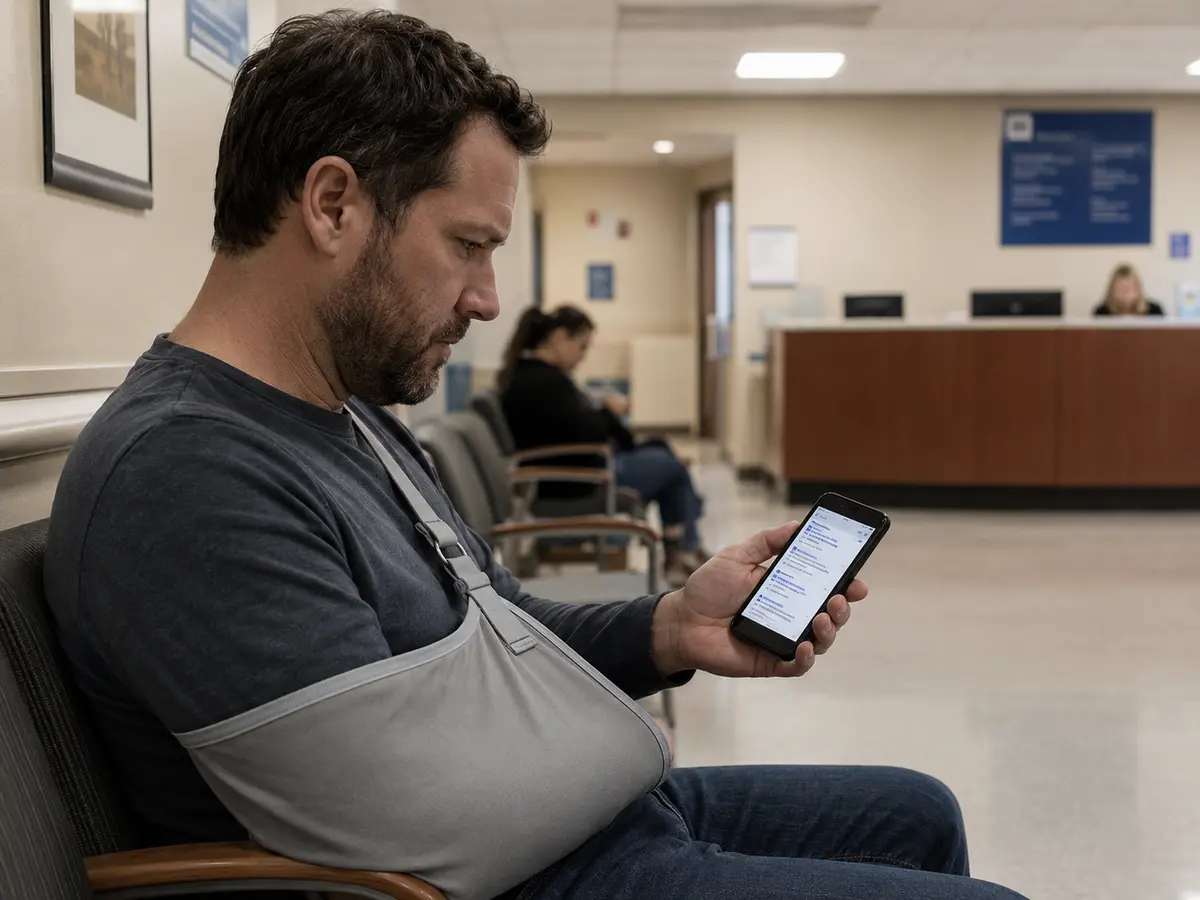 Person with an arm in a sling sits in a hospital waiting room, using a smartphone to search for information after an injury.