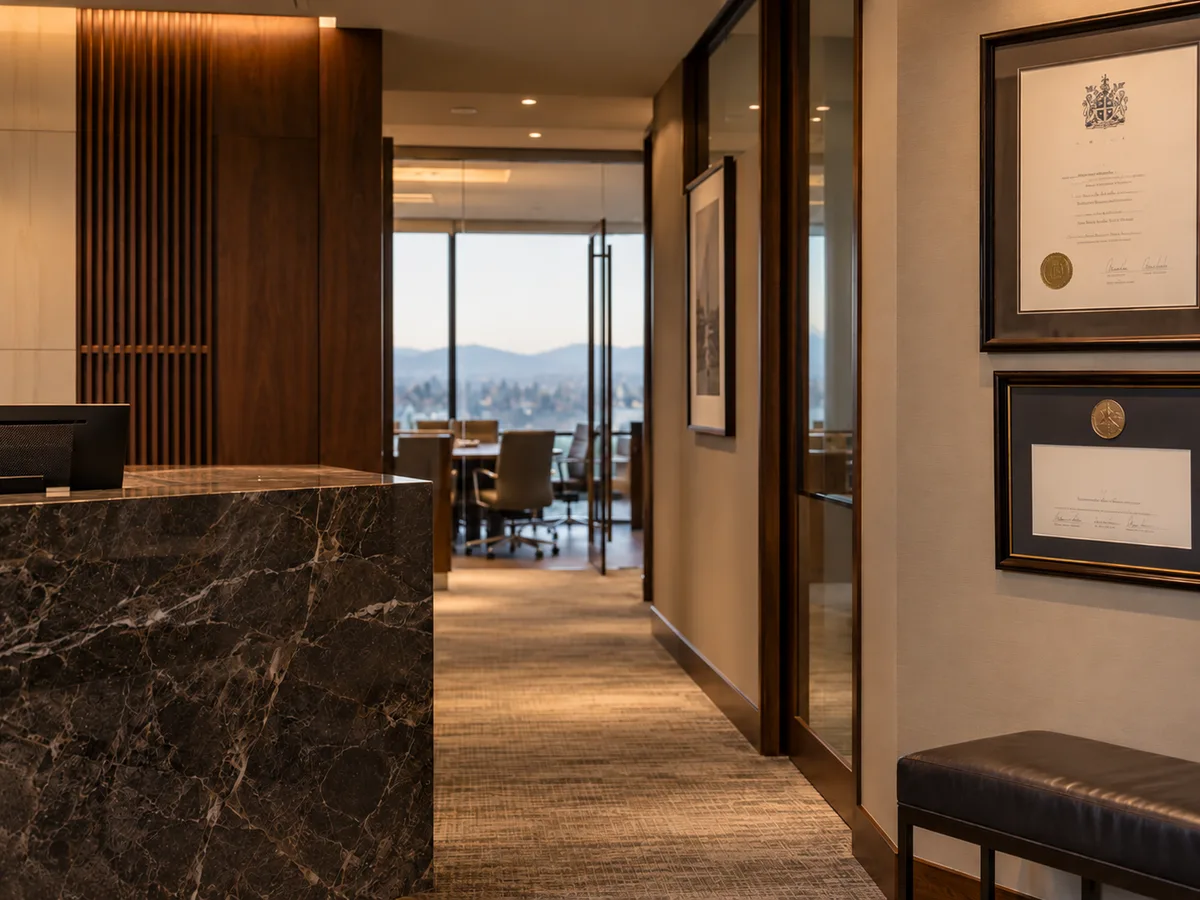 Law firm reception area with a dark marble front desk, a carpeted hallway leading to a glass-walled boardroom with mountain views, and framed certificates with gold seals on the wall
