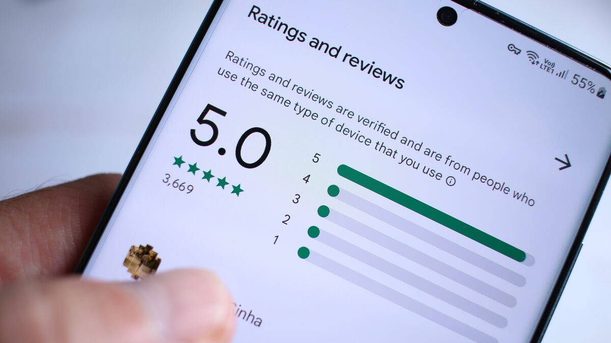 A mobile phone screen displaying a search results with a perfect 5.0 star review.