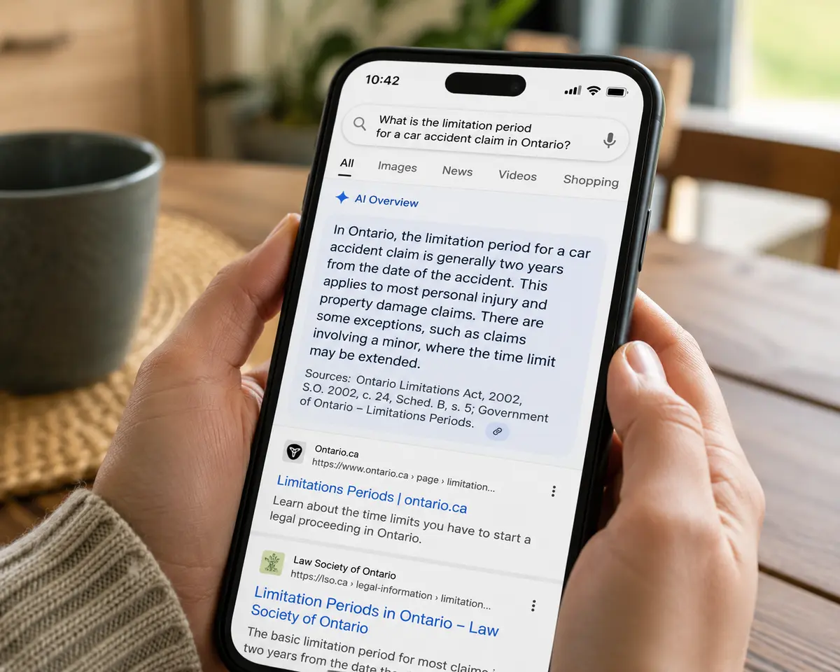 A person holds a smartphone showing an AI-generated summary at the top of a Google search result for a Canadian legal query.