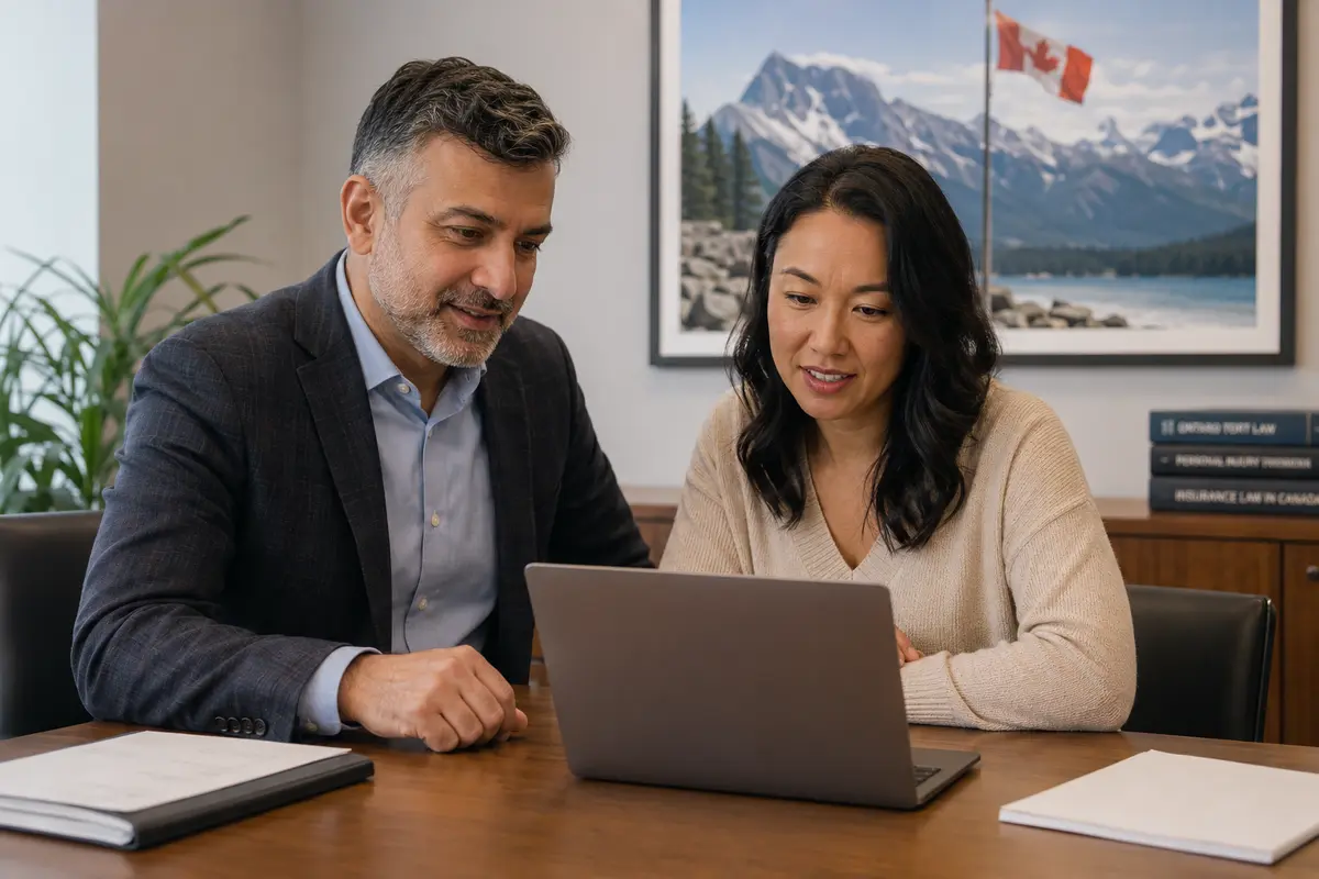 Two professionals sit side by side at a wooden desk in a bright office, looking together at a laptop. The man wears a blazer and the woman wears a light sweater. Papers and notebooks rest on the desk, and a framed Canadian landscape scene hangs on the wall behind them.
