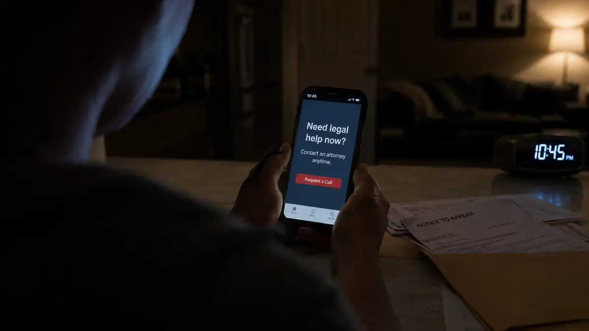 Person using a smartphone to request legal help late at night, with a 10:45 PM clock and legal papers visible in a dimly lit home.