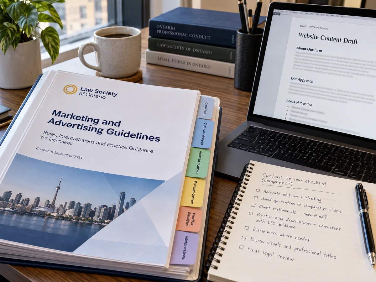 Law Society of Ontario marketing and advertising guidelines in an open binder beside a laptop displaying a law firm website content draft, with a handwritten compliance checklist in a spiral notebook.