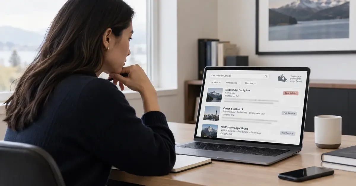 Woman at a home office desk comparing law firms on a laptop, with directory listings showing specialized and full-service firms.