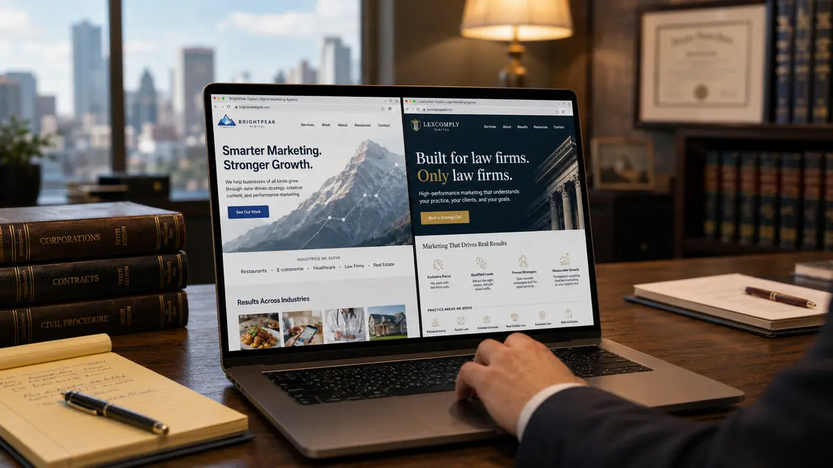 Open laptop on a lawyer's desk displaying a side-by-side comparison of two agency websites: a general digital marketing agency listing many industries, including law firms, on the left, and a legal-only marketing agency with the headline "Built for law firms. Only law firms." on the right. A lawyer's hand rests on the trackpad in a warmly lit office.