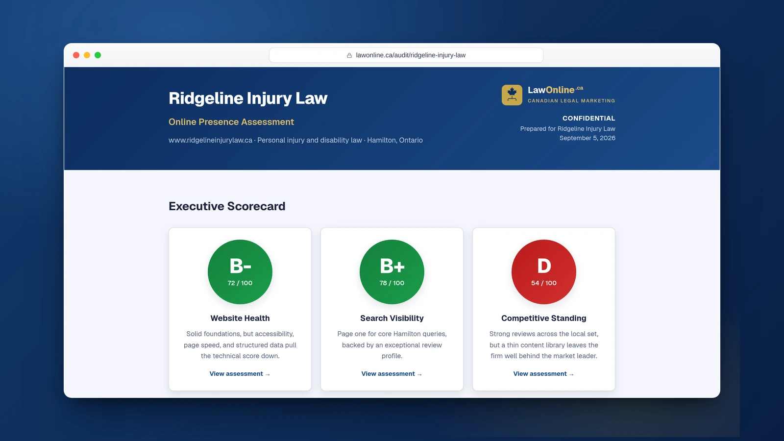 Browser screenshot of a sample law firm SEO audit, showing an executive scorecard that grades website health, search visibility, and competitive standing.
