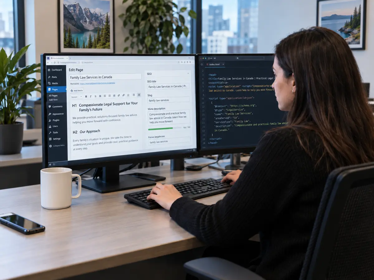 Law firm web professional working at a dual-monitor desk, updating page structure and schema markup in a modern office.