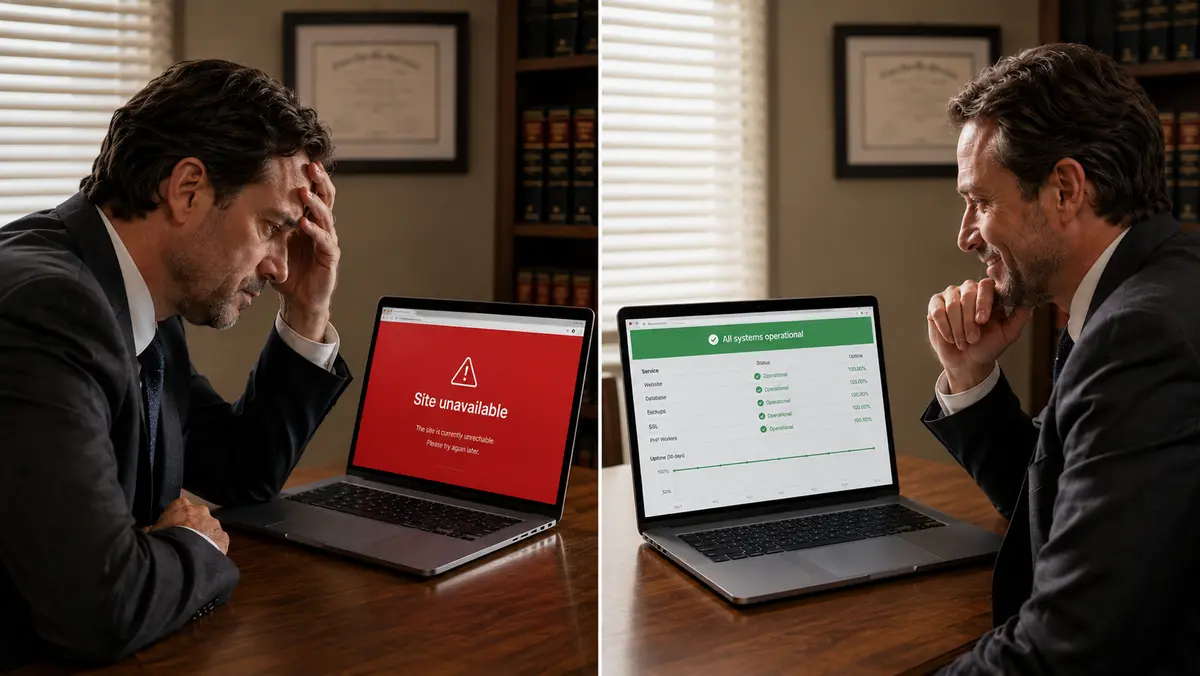 Split-screen image of a lawyer stressed by a website outage on one laptop and relaxed beside a healthy hosting dashboard on the other.