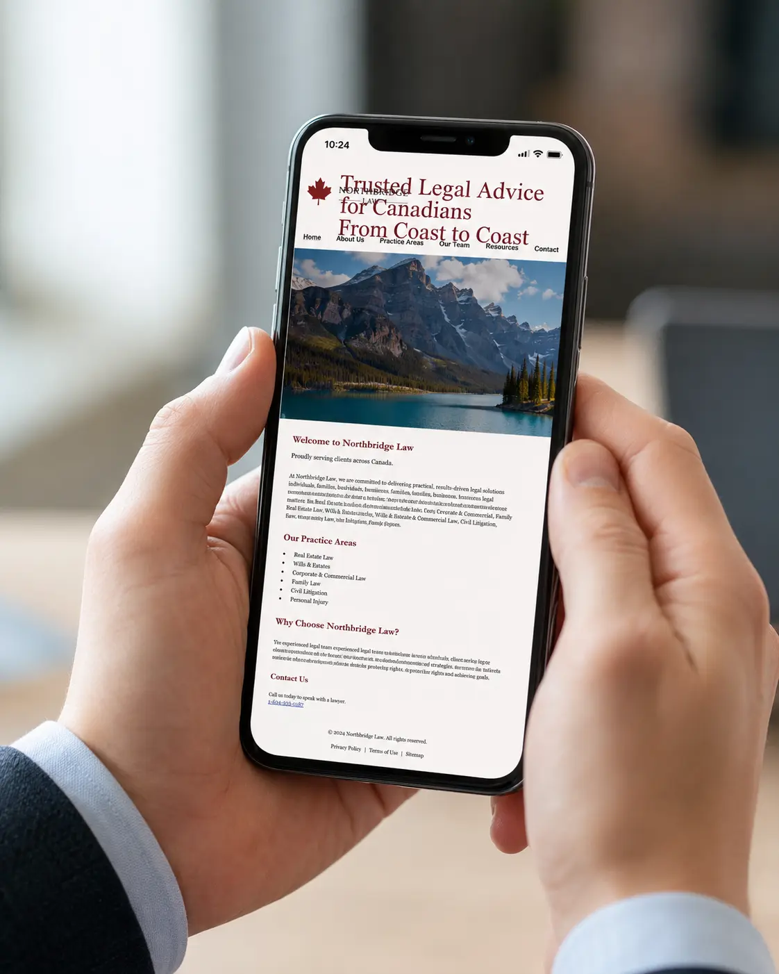 Close up of a person in professional clothing holding a smartphone in portrait orientation, showing a generic Canadian law firm homepage with poor mobile usability, including overlapping header text, an oversized hero image, tiny body copy, and a very small tap to call phone link.