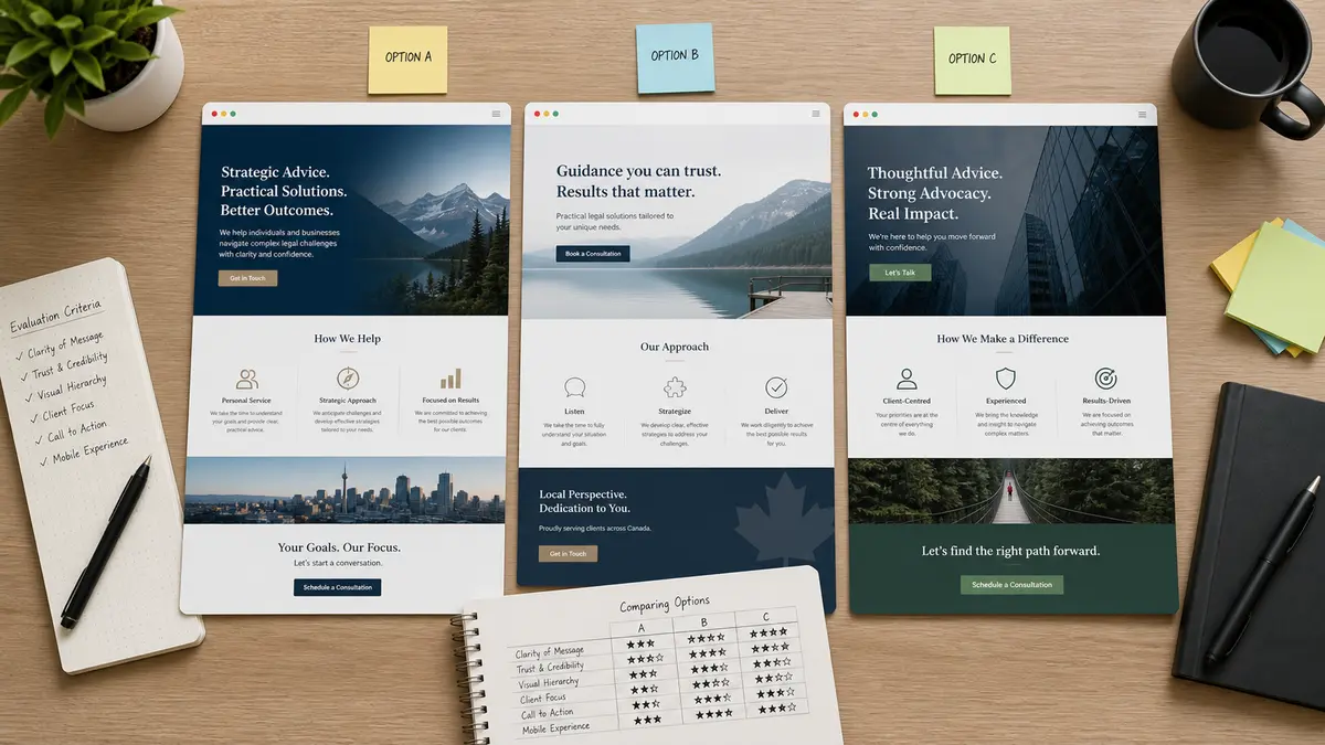 Three website designs printed out and spread side-by-side on a table, comparing different options for a law firm website.