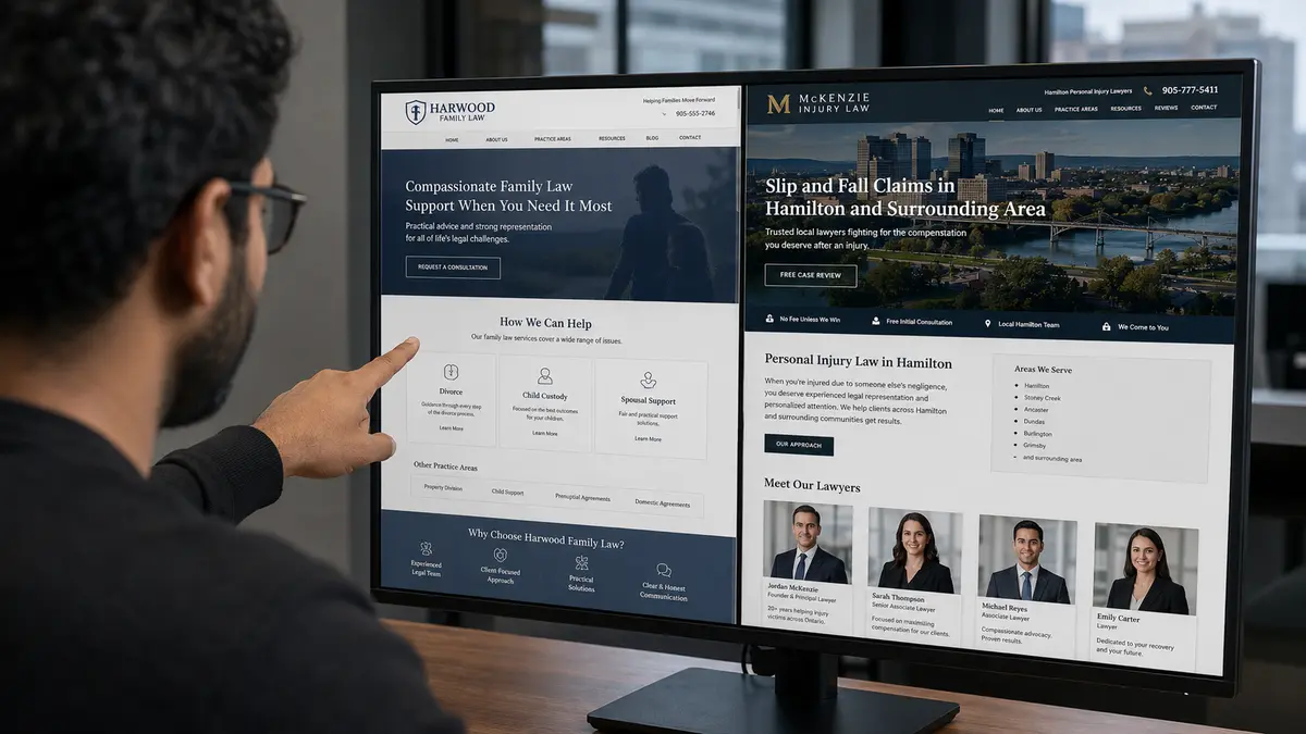 Over the shoulder view of a person pointing at a large monitor displaying two fictional Canadian law firm websites side by side, comparing a more generic template style site with a more purpose built site that features city specific content, practice area detail, and lawyer profiles.