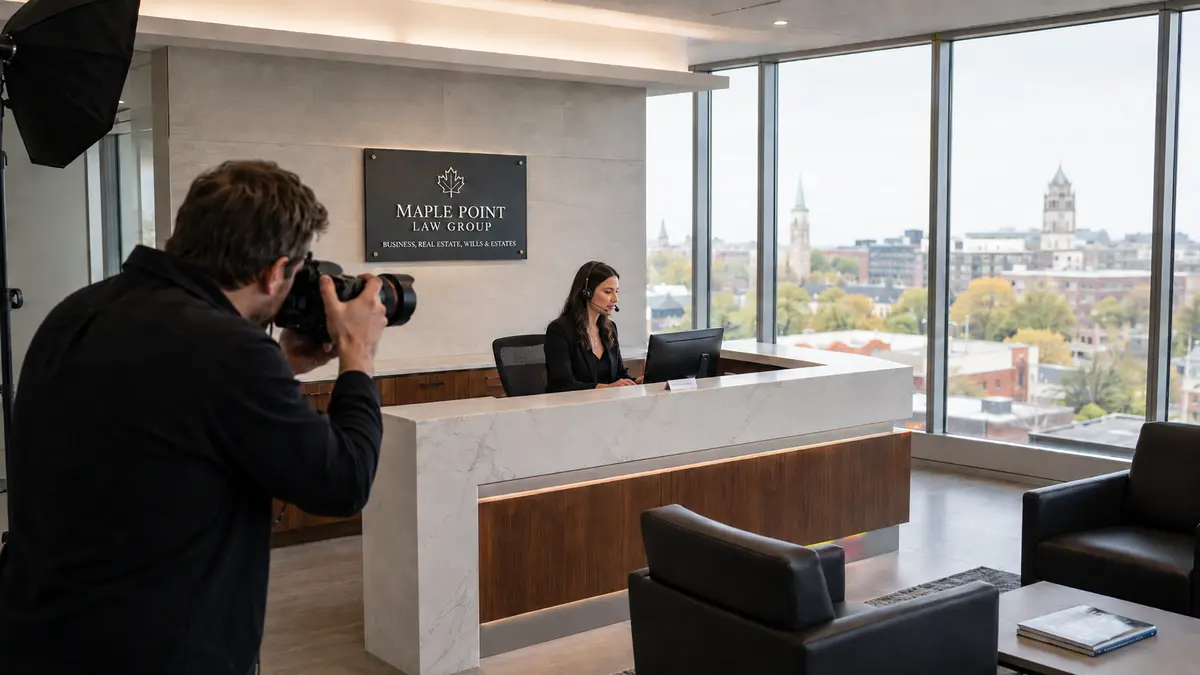 A photographer captures a candid image inside a modern Canadian law firm reception area while a receptionist wearing a headset works at the front desk. Natural daylight fills the office through full height windows.