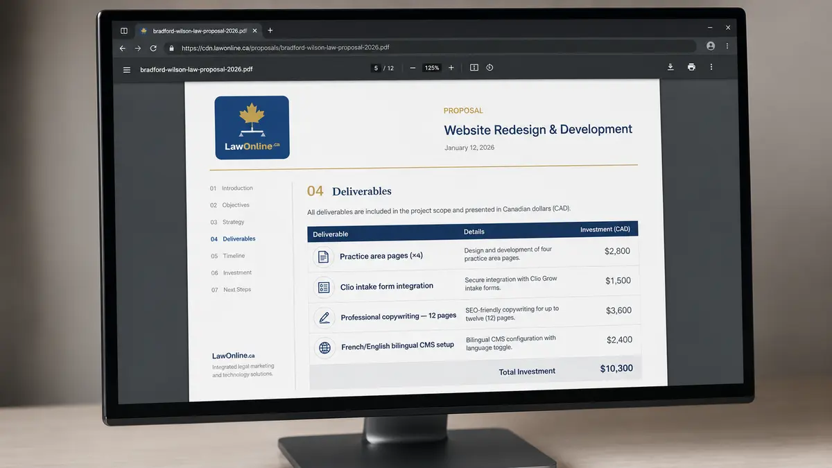 Close up photo of a desktop monitor displaying a LawOnline.ca web design proposal PDF for a fictional law firm, with the deliverables page visible. The screen shows itemized line items including practice area pages, Clio intake form integration, professional copywriting for 12 pages, and French/English bilingual CMS setup.