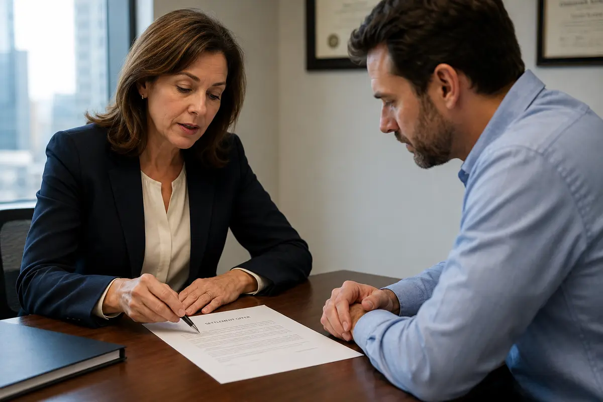A professionally dressed lawyer sits across a desk from a client in a bright office, pointing to a printed settlement document while both review it together. Warm natural light, a clean desk, and softly blurred background details create a calm, professional consultation scene.