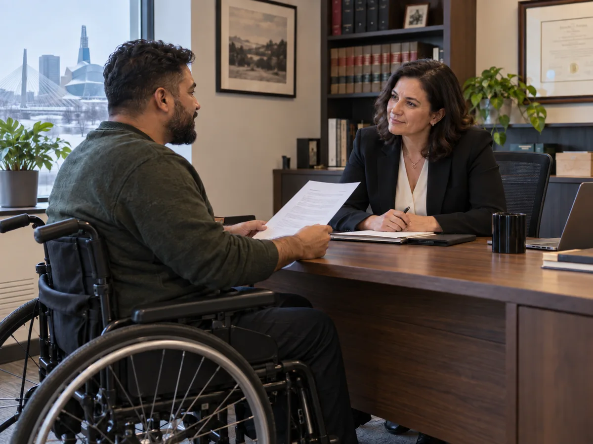 Lawyer listening to a client in a wheelchair who is reviewing a document across her office desk