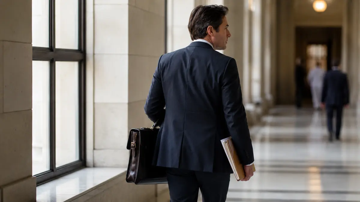 Lawyer in a tailored suit walks through a bright courthouse corridor carrying a leather briefcase and legal documents.