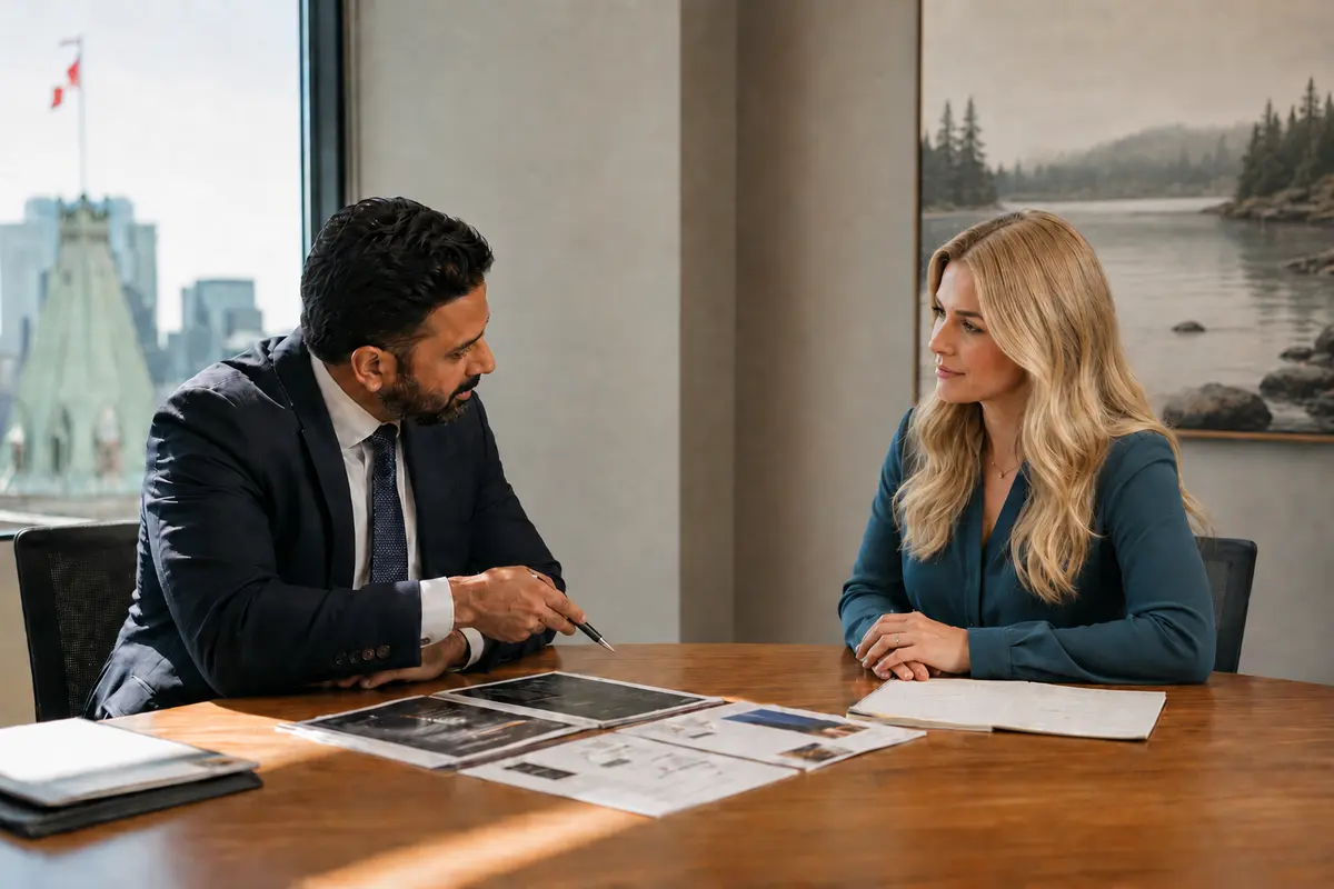 A male lawyer in a dark suit and a blonde female marketer in a teal blouse sit across a boardroom table reviewing printed materials in a bright office, with a subtle Canadian landscape artwork on the wall and a city view in the background.