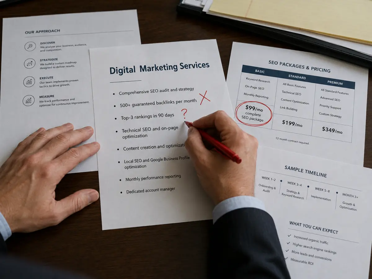 Close-up editorial photo of a lawyer's hands reviewing an agency pitch deck on a desk, marking up a "Digital Marketing Services" page with a red pen. The proposal includes the promises "500+ guaranteed backlinks per month" and "Top-3 rankings in 90 days," with a large red X and question mark beside them, while a separate pricing sheet shows a circled "$99/mo complete SEO package."