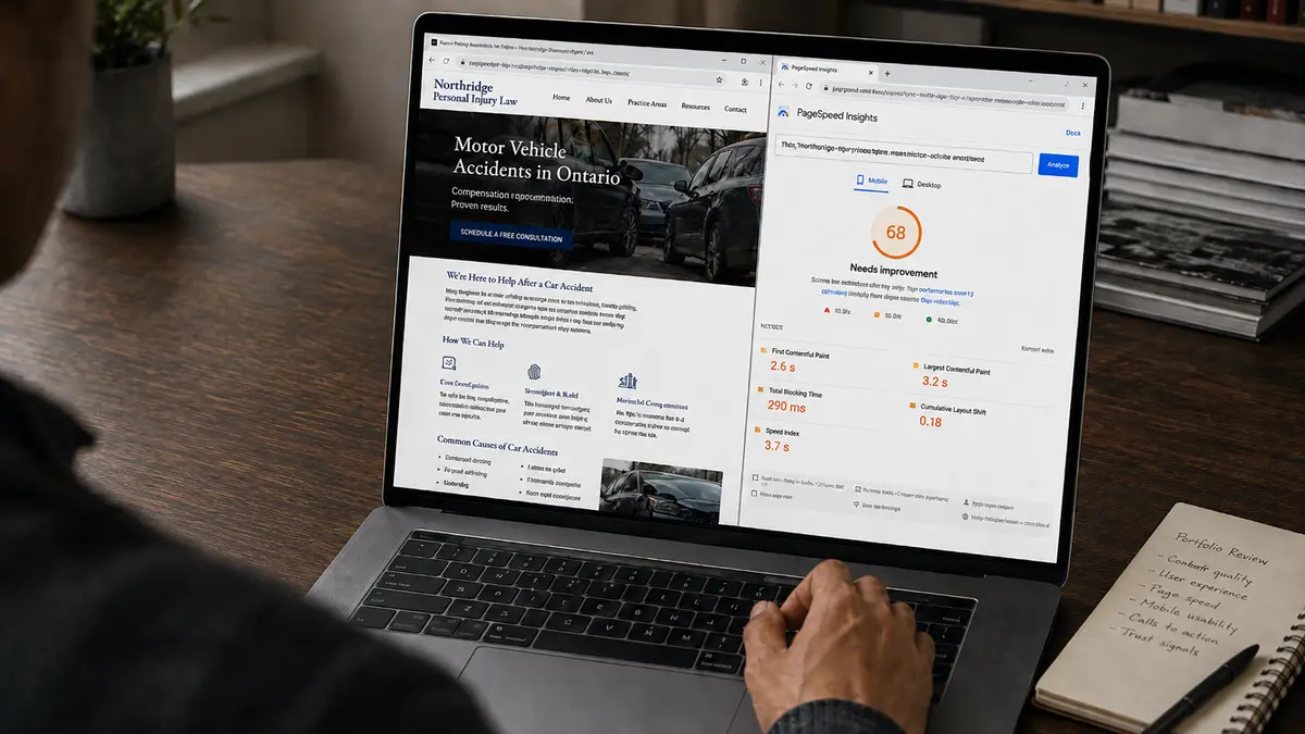 Over the shoulder photo of a person reviewing a fictional Canadian personal injury law firm website on a laptop, with the practice area page shown beside a PageSpeed Insights report displaying a mobile score of 68 and a notepad listing portfolio review criteria.