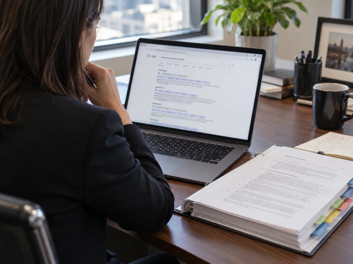Over-the-shoulder photo of a lawyer at a desk reviewing a Google search results page for a legal query on a laptop, with a tabbed binder of professional conduct rules open beside it.