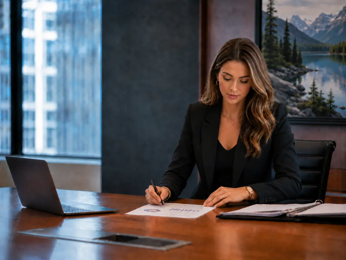 A well dressed woman sits at a boardroom table reviewing a printed proposal, with a laptop set off to the side, a binder open beside her, and a framed Canadian mountain lake scene in the background.