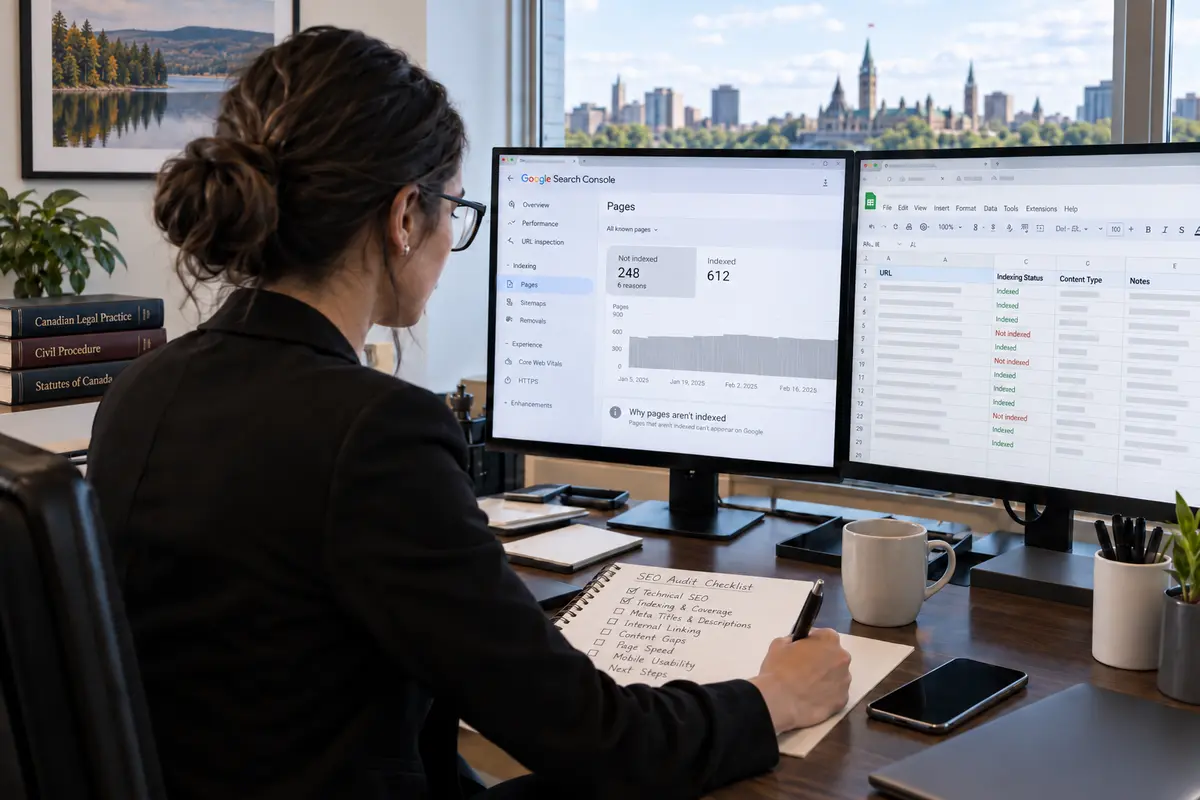 Law firm marketing professional reviews Google Search Console and website audit data at a desk, with an SEO checklist and Ottawa skyline in the background.