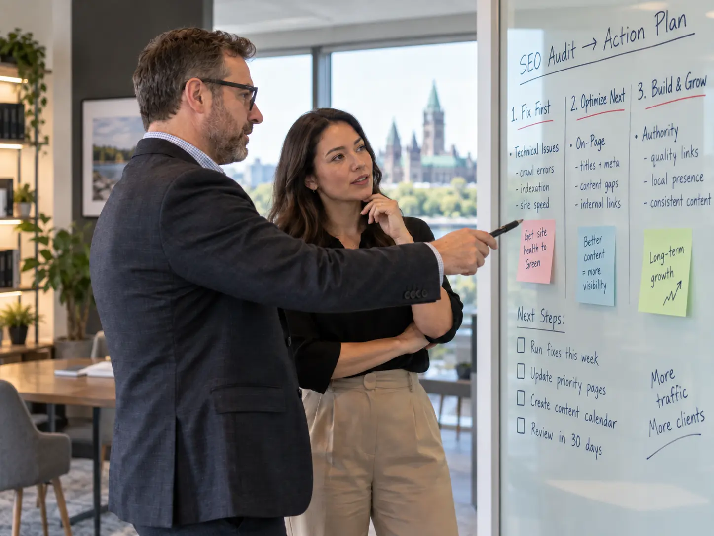 Two professionals in a modern office stand beside a glass whiteboard covered with handwritten SEO planning notes and sticky notes, discussing a three-step action plan for fixing audit findings.