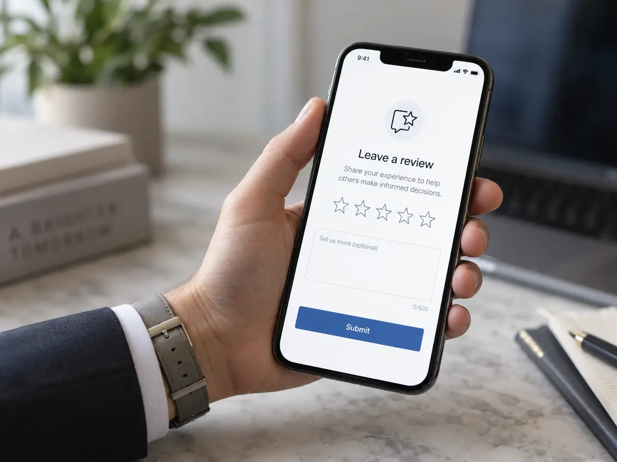 Close-up of a professional hand holding a smartphone displaying a simple review page with a five-star rating interface and submit button, set against a neutral office background.